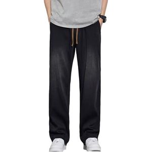 Elastische Taille Trekkoord Denim Broek Voor Heren Baggy Straight Casual Lichtgewicht Jeansbroek Met Zakken,zwart,3XL