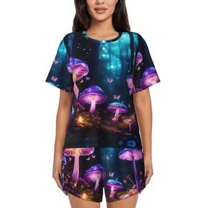 YJxoZH Magic Mushroom Print Womens Zomer Pyjama Sets Nachtkleding Dames Korte Mouw Nachtkleding Pjs Lounge Met Zakken, Zwart, M
