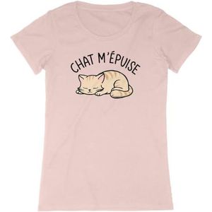 Cat m'épuise T-shirt voor dames, bedrukt in Frankrijk, 100% biologisch katoen, cadeau voor verjaardagsdieren, origineel grappig, Roze, L