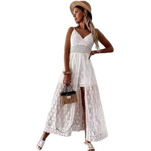 KADJOE Boho Jurk Vrouwen Zomer Maxi Jurken Zwart Off Shoulder Vakantie Kant V-hals Spaghetti Strap Zonnejurk, Wit, L