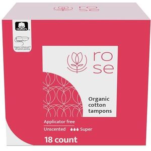 Rose Biologische Tampons - Super, Non Applicator, 100% Biologische katoenen kern en veiligheidssluier, ongeparfumeerd - 18 stuks (Pack van 1)