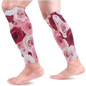 EZIOLY Rode en roze rozen bloemen sport kalf compressie mouwen been compressie sokken kuitbeschermer voor hardlopen, fietsen, moederschap, reizen, verpleegkundigen