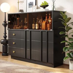 DUlVBPE Keukenkast, sideboard met glazen deuren, opbergkast, buffetkast voor keuken, eetkamer en woonkamer, zwarte kast, rokerige glazen deuren, 120 x 33 x 95 cm