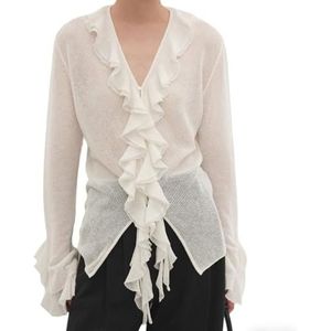 UERSJWYSO Dames Gebreide Cardigan Van Wolmix met Ruches V-Hals Klokmouwen Doorschijnend Elegant Casual Zakelijk Blouse-Topje,Wit,L