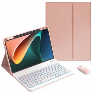 JZCZMCE Toetsenbordhoes voor Xiaomi Mi Pad 5/5 Pro 11 inch 2021, 7-kleuren achtergrondverlichting, ingebouwde potloodhouder, magnetisch afneembaar draadloos toetsenbord met Bluetooth-muis, roze