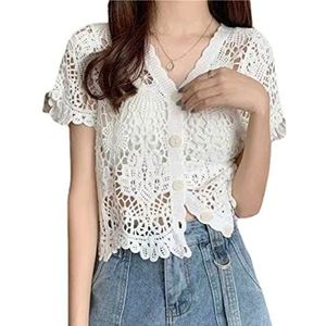 Vesten Dames,Gehaakte Bolero-Vesten Voor Dames, Zomerblouse, Korte Mouw, V-Hals, Knoopsluiting, Cropped Vesten, Top Dames Schouderophalen, Uitgehold, Cover-Up Voor Meisjes, Wit, L