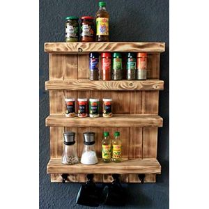 Houten kruidenrek voor aan de muur - Gevlamd - 4 planken - 65 x 50 x 12 cm - Massief hout