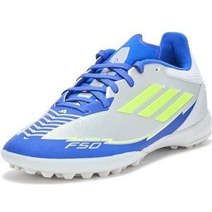 adidas Unisex F50 League Messi Turf Sneaker, Silver Metallic/Solar Yellow/Lucid Blue, 12 US Men