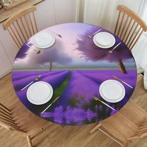 Paars rond tafelkleed met lavendelpatroon, waterdicht en afveegbaar met elastische randen, geschikt voor het decoreren van ronde tafels.