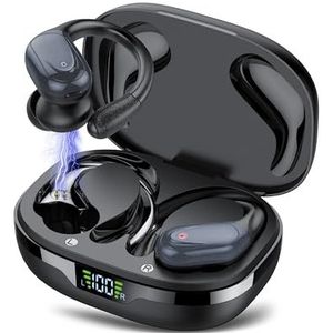 Cascho Draadloze oordopjes, 60 uur speeltijd Bluetooth 5.3 oortelefoon, met diepe bas en stereo HD microfoon, in-ear IP7 waterdichte oortelefoon met oorhaken, USB-C, voor Sport iOS en Android, zwart
