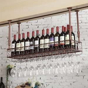 Wijnrekken Hangend wijnglazenrek - Wandgemonteerd wijnrek Plafondhangend plantenrek Metalen wijndecoratierek in Europese stijl Plafondplank (Color : Bronze, Size : 80x25cm)