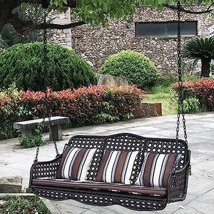 Outdoor Patio Schommelstoel Voorveranda Hangende Bank, 2-3 Persoon Hangende Schommel met Zachte Zitkussens & Kettingen, Heavy Duty Tuin Rotan Schommel Lounge, voor Balkon/Achtertuin/Woonkamer/Gazon