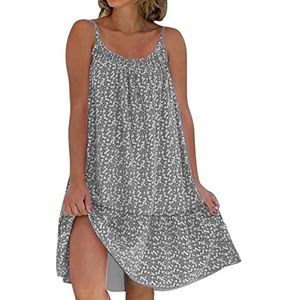CWXKGL Dames zomerjurk, casual losse mouwloze O-hals strandjurk met spaghettibandjes, maxi-jurk met boho vintage print(Color:Gray,Size:S)
