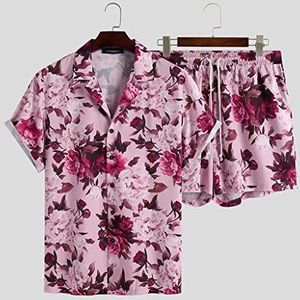 FSUFW Mannen Sets Bloem Gedrukt Vakantie Ademend Strand Revers Korte Mouw Shorts Streetwear Heren Hawaiian Suits(XL)