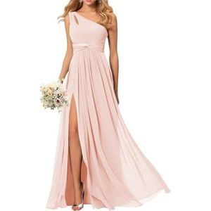 SAMHO Avondjurk met één schouder voor dames, chiffon, bruidsmeisjesjurk met zakken, lang, geplooid, A-lijn, split, Blush Roze, 32
