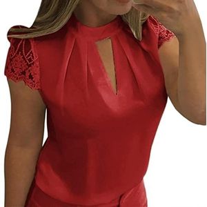 5XL Grote Maat Nieuwe Vrouwen Sexy Kant Witte Blouse Shirt Dames Korte Mouw V-hals Casual Slim Chiffon Shirts Top Mujer-Rood, S