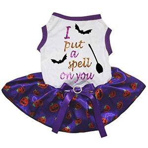 Petitebelle Halloween ik zet een spreuk op u wit shirt Tutu Puppy hond jurk, Medium, Purple Pumpkin