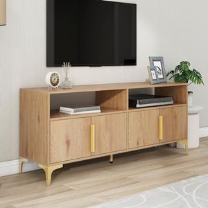 Aunvla 4-deurs tv-kast met 2 open vakken, tv-standaard, entertainmentcentrum voor woonkamer, voor tv's tot 65 inch, 147 x 40 x 64 cm (L x B x H) (natuurlijk hout)
