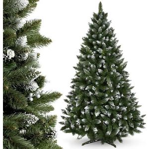 KADAX Kunstkerstboom met zilveren bolletjes en rijp, 220 cm, dennenboom van pvc, groene kerstboom met 535 takken, kunststof standaard, Ø ca. 120 cm (premium sneeuwvlok 220 cm)