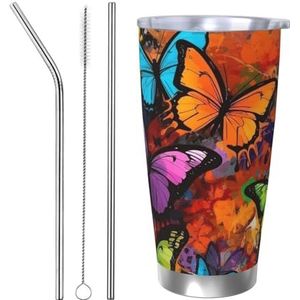 FHEBNDS 20oz beker met deksel en rietje, roestvrij staal geïsoleerde koffiemok, dubbelwandige vacuüm reizen thermische bekers kunst graffiti vlinders print reismok lekvrije auto beker geschenken