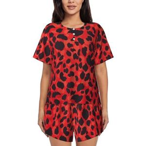 JIAWUJYNB Pyjama met korte mouwen en rode luipaardprint voor dames - comfortabele korte sets, nachtkleding met zakken, Zwart, L