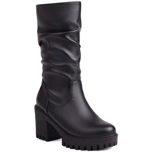 2024 Nieuwe Instappers Dames Enkellaarsjes Met Blokhak Herfst Winter PU Lederen Enkellaarsjes Elegante Enkelschoenen for Feest Waterdichte Platform Rubberen Laarzen for Outdoor(Black,38 EU)