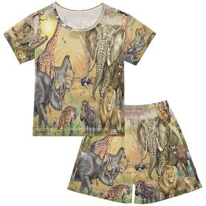 YOUJUNER Kinderpyjama set Afrikaans dier luipaard olifant zebra giraffe leeuw T-shirt korte mouw zomer nachtkleding pyjama lounge wear nachtkleding voor jongens meisjes kinderen, Meerkleurig, 12 jaar