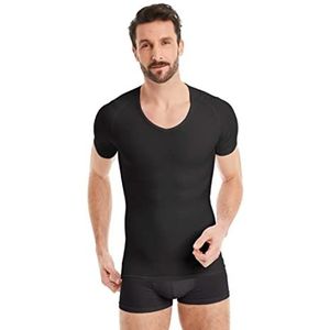 FINN Figuurvormend compressieshirt voor heren, met buikweg-effect, korte mouwen, shapewear, onderhemd van katoen, body shaper voor een platte buik, zwart, 4XL