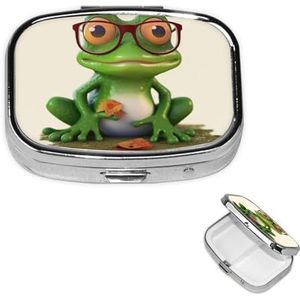 Pillendoosje met spiegel, kleine pillenorganizer, 2 compartimenten, kikker met bril, pillendoosje voor op reis of zak, draagbare pillencontainer, schattige medicijnorganizer