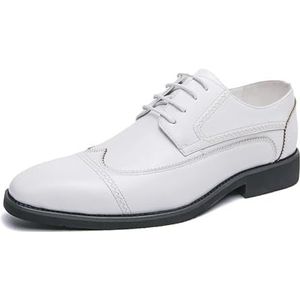 Ninepointninetynine Oxford schoenen for heren met veters, ronde neus, kunstleer, kapteen, vleugeltip, derbyschoenen, antislip blokhak, lage top, antislipfeest(White,44 EU)