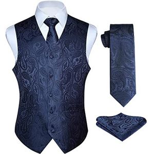 Enlision Men's Gilets Paisley Navy Bruiloft Gilet Tie Pocket Square Jacquard Feest Suit Vest Set XS