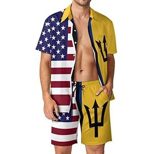 Amerikaanse en Barbados vlag Hawaiiaanse bijpassende set 2-delige outfits button down shirts en shorts voor strandvakantie
