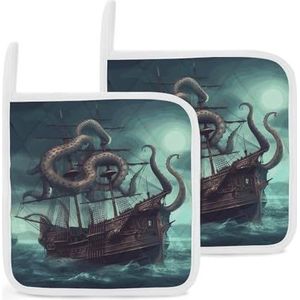 Pannenlappen, set van 2 keukenpannenlappen, octopusschip, hete pads met ophanglussen, resistente pannenlappen, oven, hete pads voor keuken, koken, bakken, barbecue