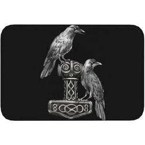 Viking Crow Mjolnir Bedrukte Tapijtbadmatten - Nordic Odin Ravens Thor's Hammer Flanel Vloerkleed - Home Fashion Vintage Opvouwbare Wasbare Lichtgewicht Matten (Color : Black, Size : 80CMx120CM)