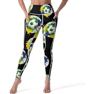 Voetbal Brazilië nationale vlag dames yoga broek hoge taille legging buikcontrole workout running leggings XL