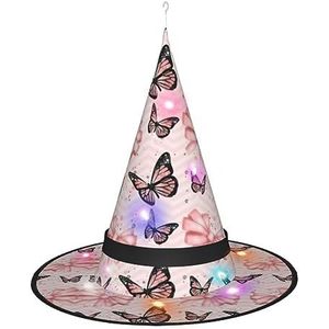 EdWal Verlichte tovenaarspet, Halloween heksenhoed, hangende heksenhoed, voor buiten tuin indoor feest - vlinder roze