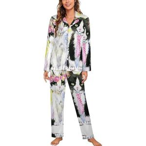 Aquarel Leuke Liefhebbers Katten Lange Mouw Pyjama Sets Voor Vrouwen Klassieke Nachtkleding Nachtkleding Zachte Pjs Lounge Sets