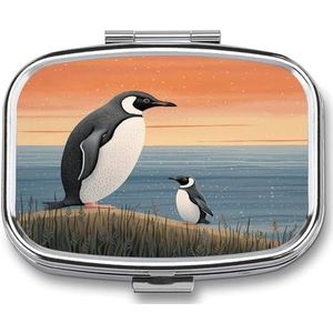 Pil Organizer Schattig, Hand Getrokken Pinguïn Gedrukt Grappige Pillendoos Grote 2 Compartiment Wekelijkse Maandelijkse Reizen Rechthoek Draagbare Pocket Purse Pil Container