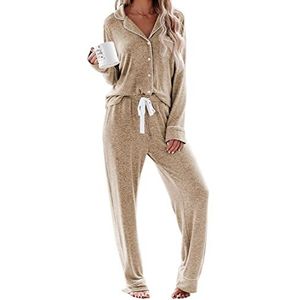Aamikast Pyjama voor dames met lange mouwen, button-down, nachtkleding, nachtkleding, zachte pyjamasets loungesets, Lichtbruin, M