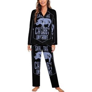 Save The Chubby Unicorns dames lange mouw button down nachtkleding zachte nachtkleding lounge pyjama set S