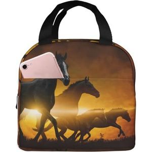 LAMAME Running Black Horses Printed Lunch Bag Portable Outdoor/Work Lunch Organisatie Box