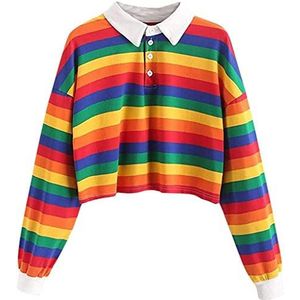 Bienwwow Vrouwen Regenboog Oversized Korte Trui Gestreepte Hoodies Casual Crop Top Bijgesneden Sweatshirts Dames Turndown Kraag Lange Mouw, Rood, S