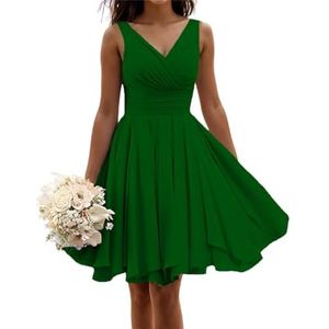 Korte bruidsmeisjes jurken voor vrouwen mouwloze geplooide chiffon V-hals A-lijn formele jurken avondjurken, Emerald Groen, 58