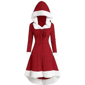 Kerstjurken voor dames, vintage jurk met lange mouwen en capuchon, cocktailjurk, kerstavondfeest vakantiekostuum rood(Red,XL)