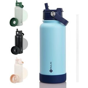MULIN Thermosfles, 1 liter, drinkfles met rietje, aluminium sportfles, grote thermosfles voor meer drinken, geschikt voor thuis, kantoor, camping, fitnessstudio, blauw