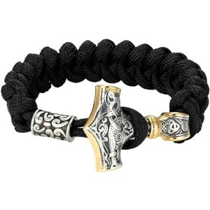 Mens Viking Mjolnir Gevlochten Touw Wrap Armband - Roestvrij Staal Odin Keltische Knoop Thor's Hammer Paracord Armband - Noorse Mythologie Heidense Amulet Manchet Polsband Sieraden (Color : Gold_23CM