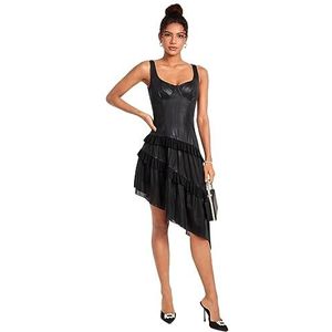 jurken voor dames Bustierjurk met asymmetrische zoom - zwart, hartvormige halslijn, mouwloos, A-lijn, hoge taille, gelaagde laag, korte lengte, normale pasvorm (Color : Noir, Size : M)