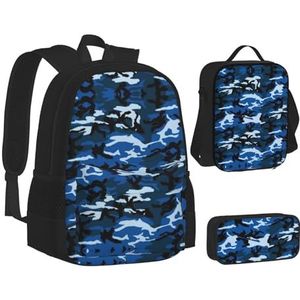 SUHNGE Blauwe Camo Print Rugzak School Boekentassen Set Lunch Tas Etui School Rugzakken Meisjes Jongens, Blauwe Camo, Eén maat