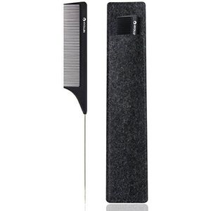 HYOUJIN 608 Black Carbon Pin staart Comb, 100% Anti statische 230 ℃ Hittebestendig, Metalen Pintail Comb, Rattail Lift Comb, met Non-skid Paddle voor haar styling
