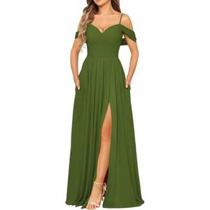 Chiffon bruidsmeisjesjurk voor dames met split avondjurken baljurk cocktailjurk grote maten, Olijfgroen, 32